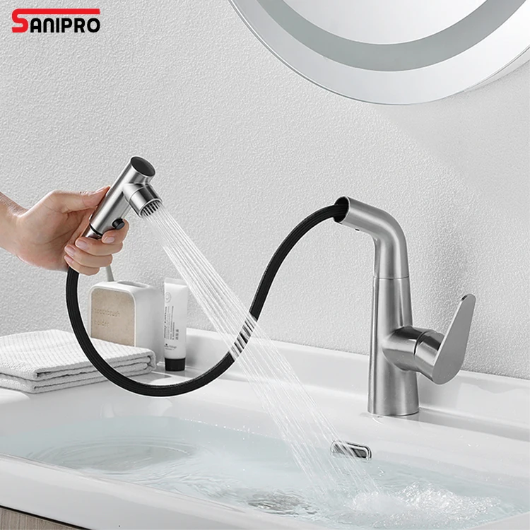 SANIPRO Sliding Up Down Hot Cold Water Bathroom Mixer Water Tap Stainless Steel Pull Out Wash Basin Sink Faucet