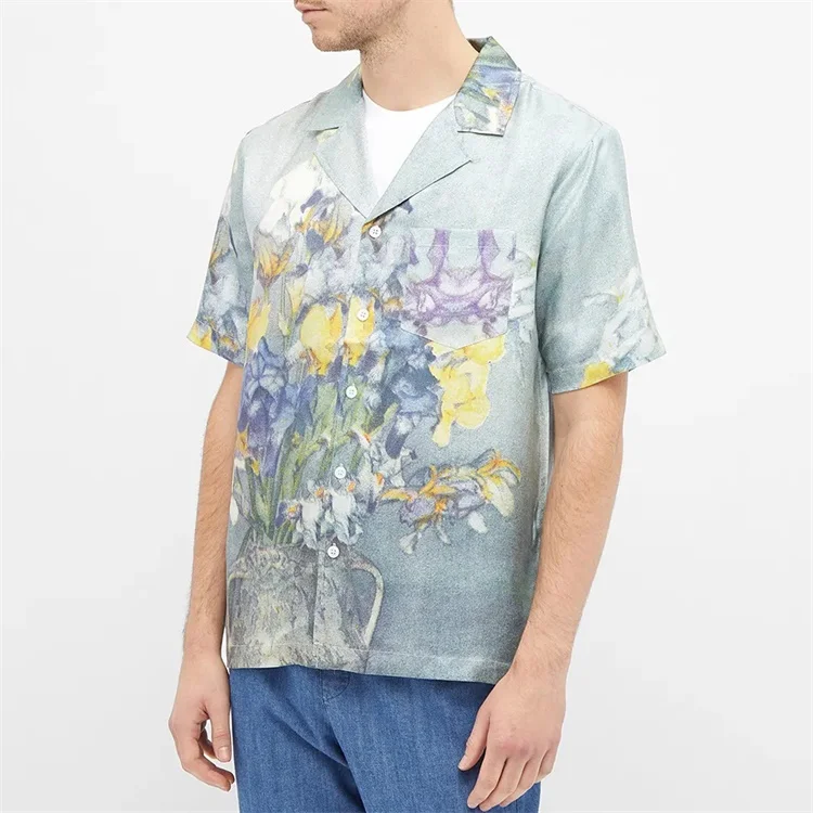 OEM Custom florals print short sleeve hawaiian vacation holiday silk shirt for men