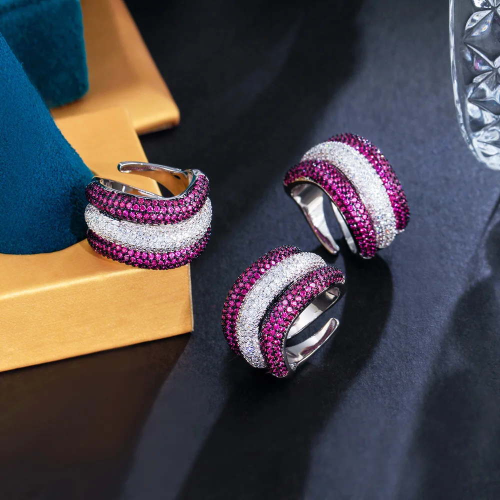 Two Tone Fuchsia Red and White Cubic Zirconia Chunky Luxury Women Unique Engagement Wedding Prom Finger Rings Adjustable Size