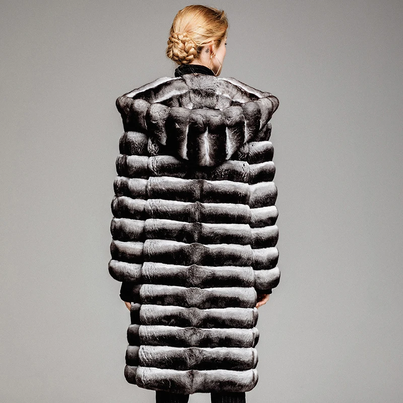 High-Guality Luxury Design Winter Clothes Ladies Real Fur Jacket Overcoat Grey Hooded Women Rex Rabbit Fur Coat Parka Jacket