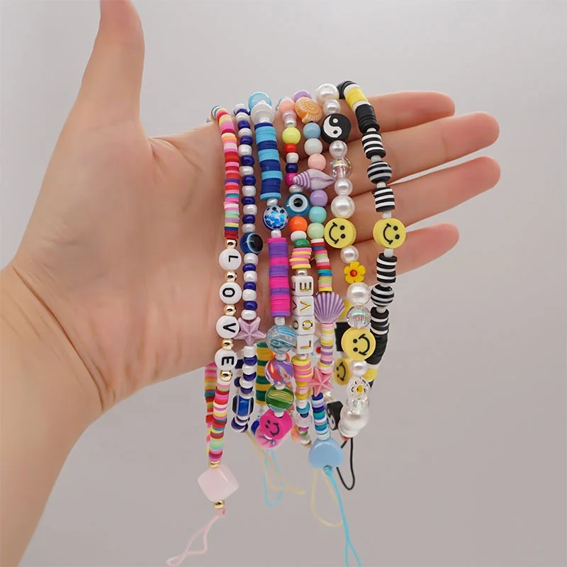 In Stock! Acrylic Resin Mobile Phone Accessories Evil Eye Phone Straps Soft Clay Beads Smiley Face Phone Charms For Women