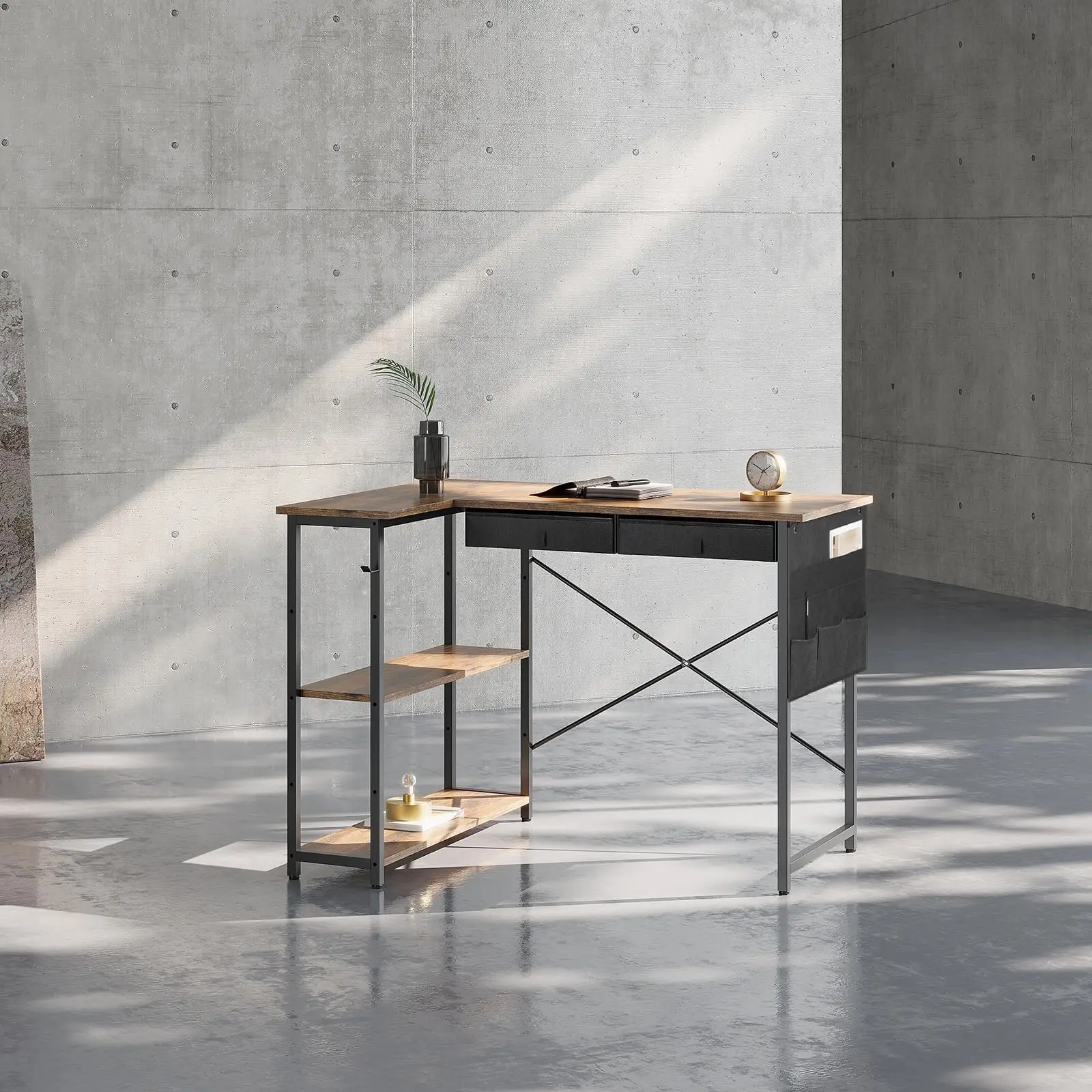 Rustic Steel L-Shaped Office Desk with Drawers Modular Small Corner Computer Workstation for Home & School Dining Storage Space