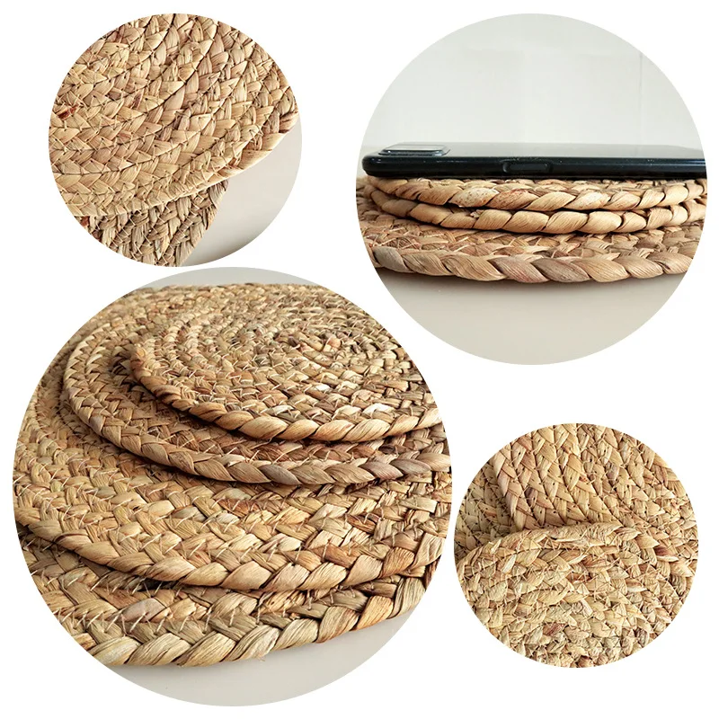 Rattan Round Natural Hand-Woven Water Hyacinth Christmas Placemats Heat Resistant Non-Slip Mats for Table Pots Teapots Plants