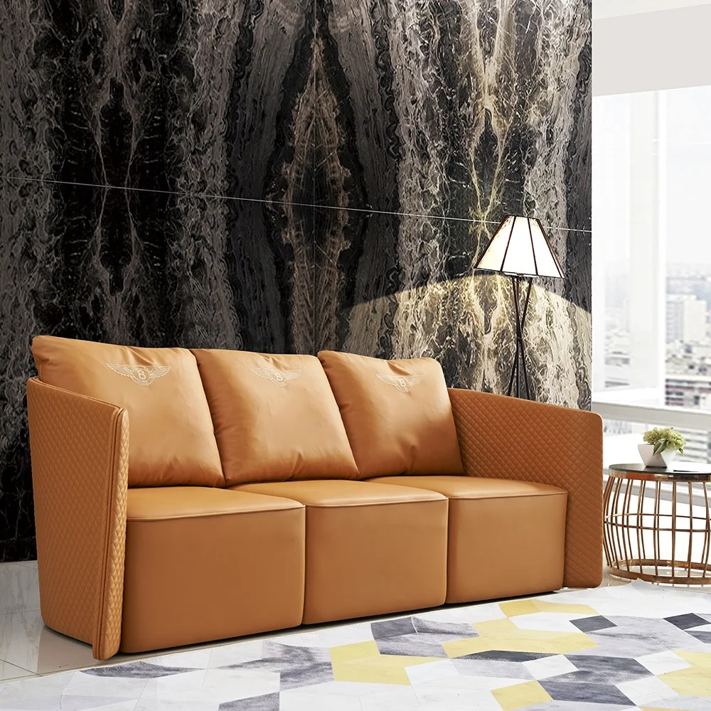 European Style Furniture Lounge Couch Living Room Orange Leather Sofa Set