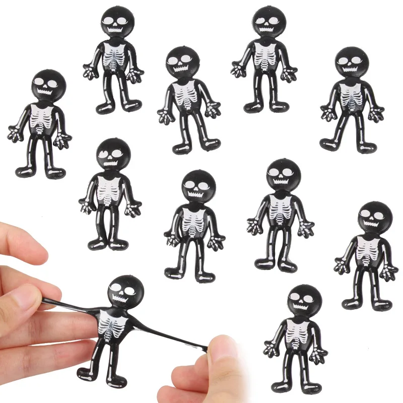 2024 New Design Halloween Skeleton Black Color Squishy Stretchy Skull Toys for Party Favors Happy Goody Bag Fillers