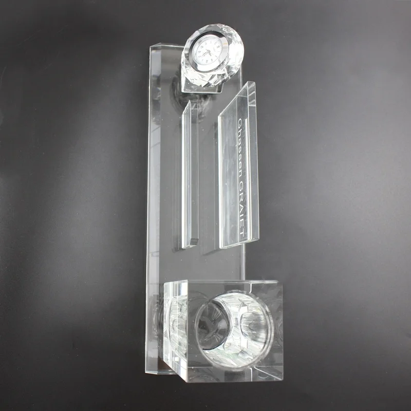 office set promotional three in one crystal penholder and card holder with clock/crystal glass clock business card holder