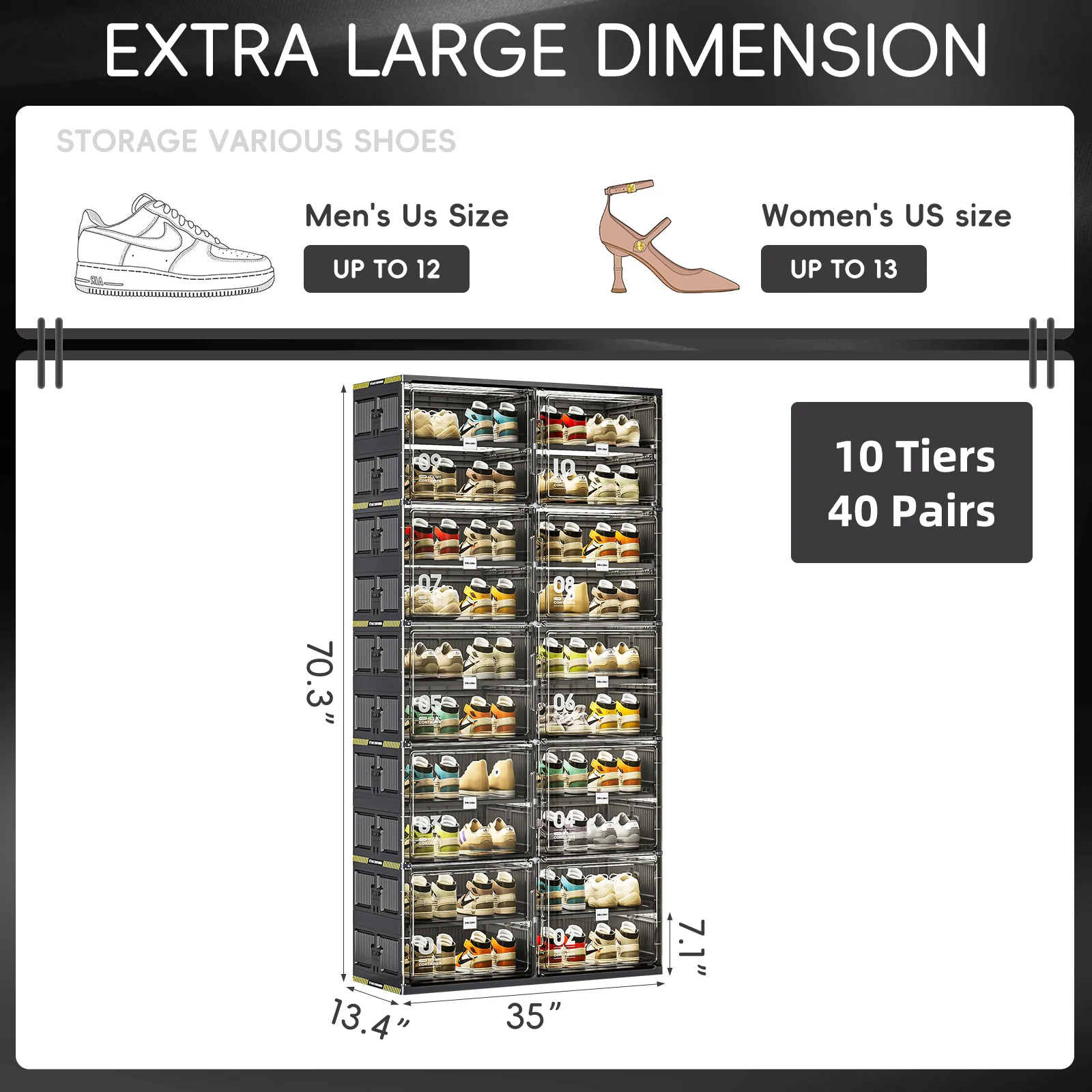 Jeko&Jeko 40 Pairs Size Black Color Big Capacity Durable Pp Material Foldable Shoe Showcase Shoe Organizer For Shoe Storage
