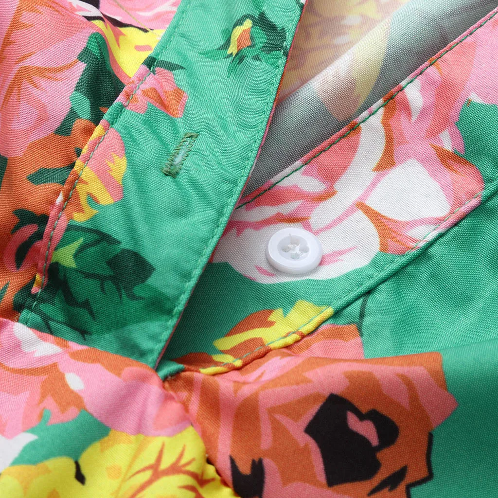 5XL Summer Boho Long Sleeve Maxi Shirts Dress Flower Floral Print Beach Dresses Loose Mini Party Tropical Tunic Dress Women