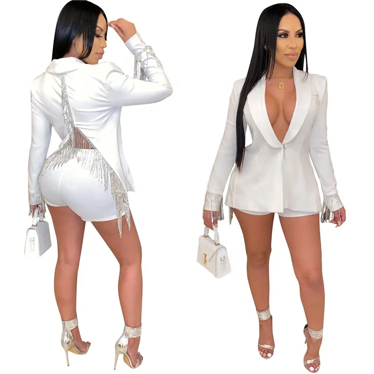 
*GC-T121 2020 new V neck body suits casual turn down collar suits set 2 piece suit solid color tassel short sets women two piece 