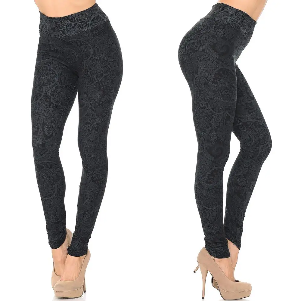 Wholesale High Waist Black Color Paisley Floral Prints Buttery Soft 92 Polyester 8 Spandex Fashion Leggings for Women