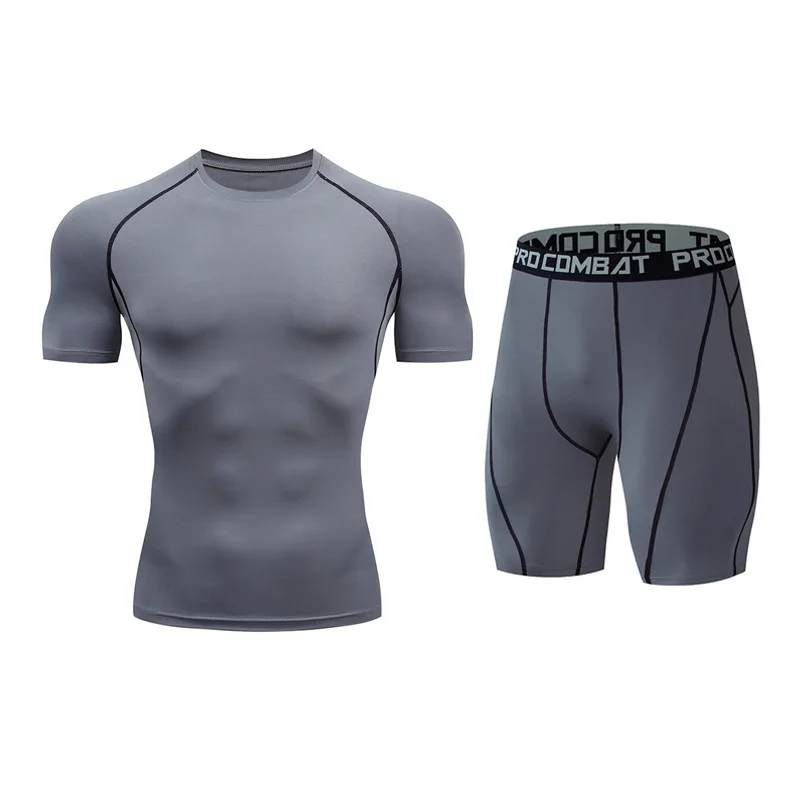 Running and sports tight fitting clothes high elasticity breathable mma rash guard set men short sleeves Fitness suit