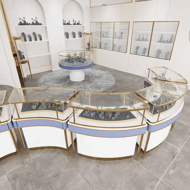 M2 Display Luxury Gold Store Interior Design Glass Curved Showcase Watch  Shop Design Jewelry Kiosk Jewelry Display Showcase
