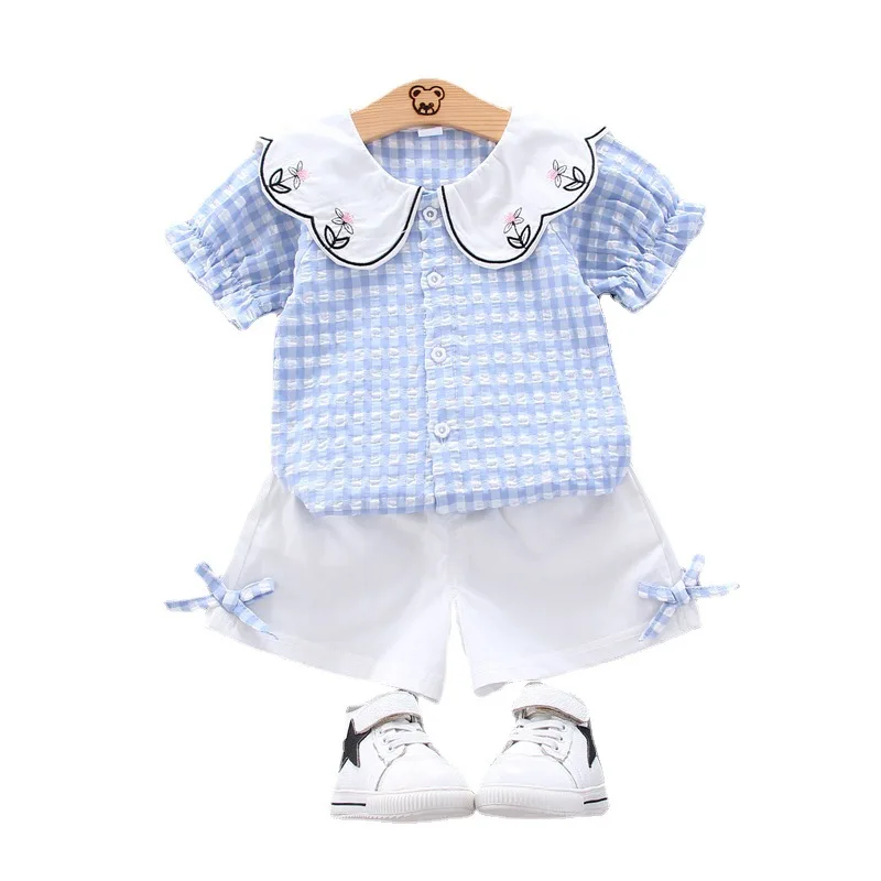 2021 summer girl cute sweet wave neck two-piece suit girl baby plaid western style Korean clothes