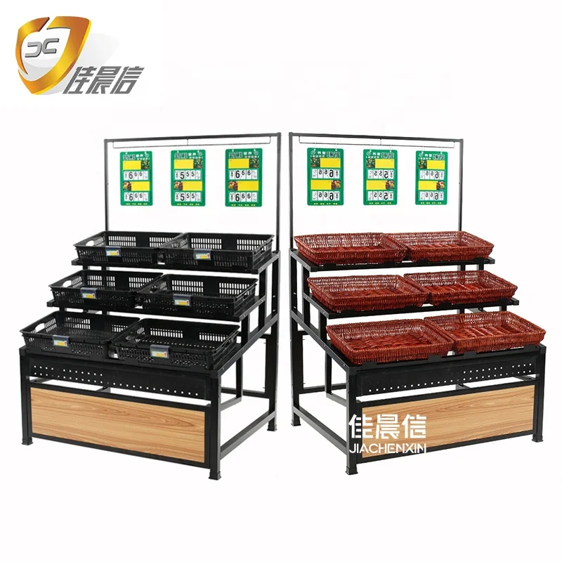 Wholesale Price Shelf Manufacture Metal Wooden Fruit and Vegetable Display Rack Stand for Fresh Store With Logo