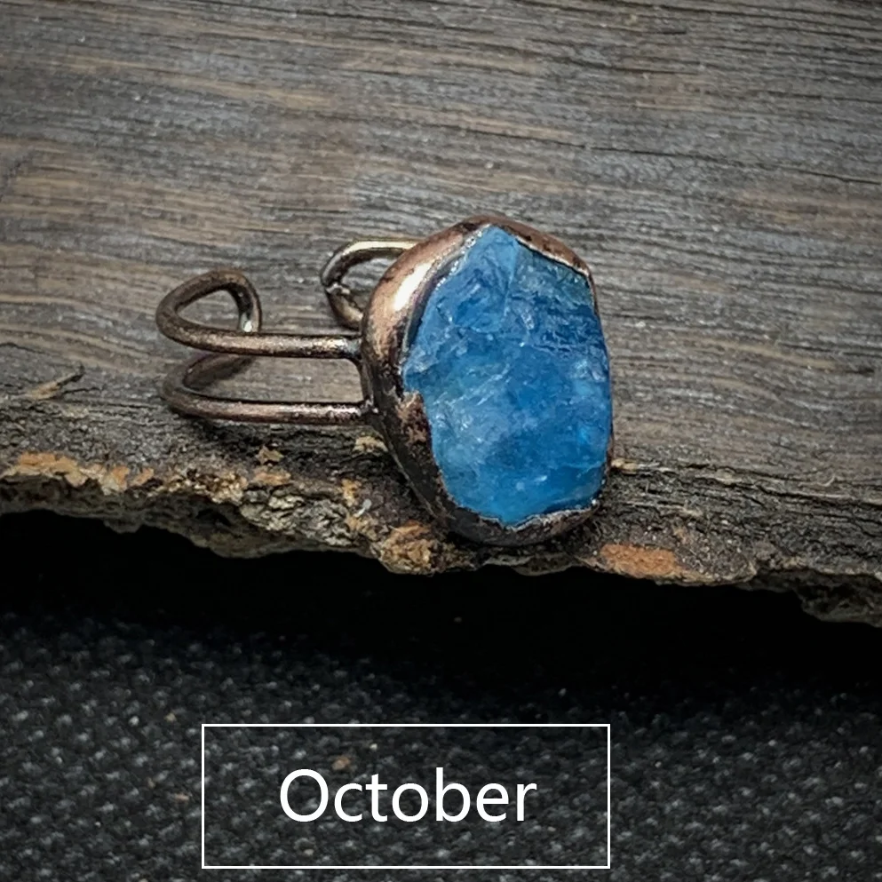 Natural Single 12 Zodiac Gemstone Blue Kyanite Crystal Birthstone Ring Antique Bronze Adjustable Fashion Rings Women men Jewelry