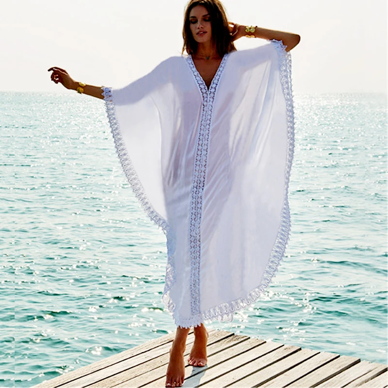 C3539 Women Casual Cover Ups Summer White Tunic Beach Kaftans Wholesale India