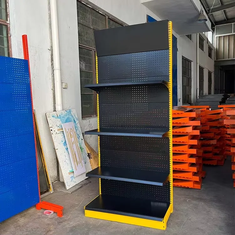 Factory price multi layers steel supermarket shelf high quality metal double single sided fixed rotary used gondola shelves