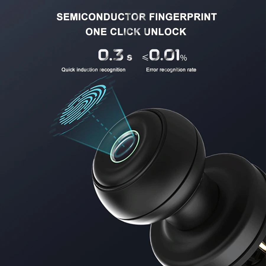 Tuya App Bluetooth Remote Control Black Biometric Fingerprint Intelligent Door Knob Smart Lock with Key For Bedroom