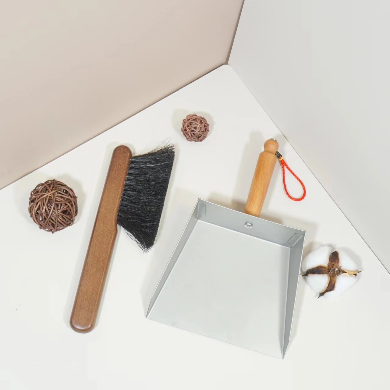 Handheld Comfort Grip metal Dustpan and Wooden Brush Set - Hand Broom with Swiss Natural Horsehair Bristles Compact Design