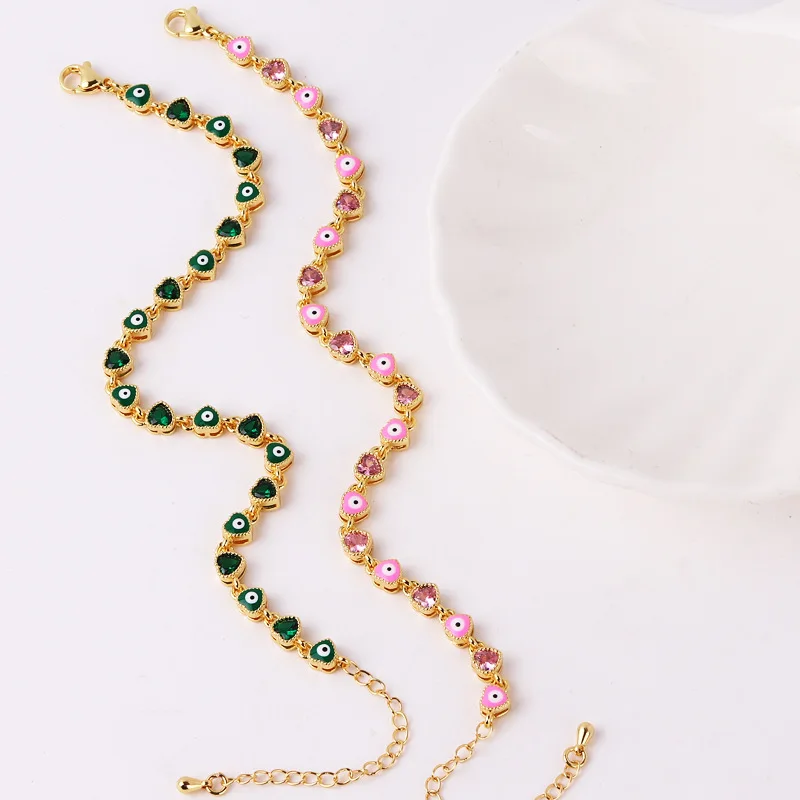 Wholesale colorful cute dripping oil small eyes sweet heart shape zircon enamel beaded chain bracelet for women girl