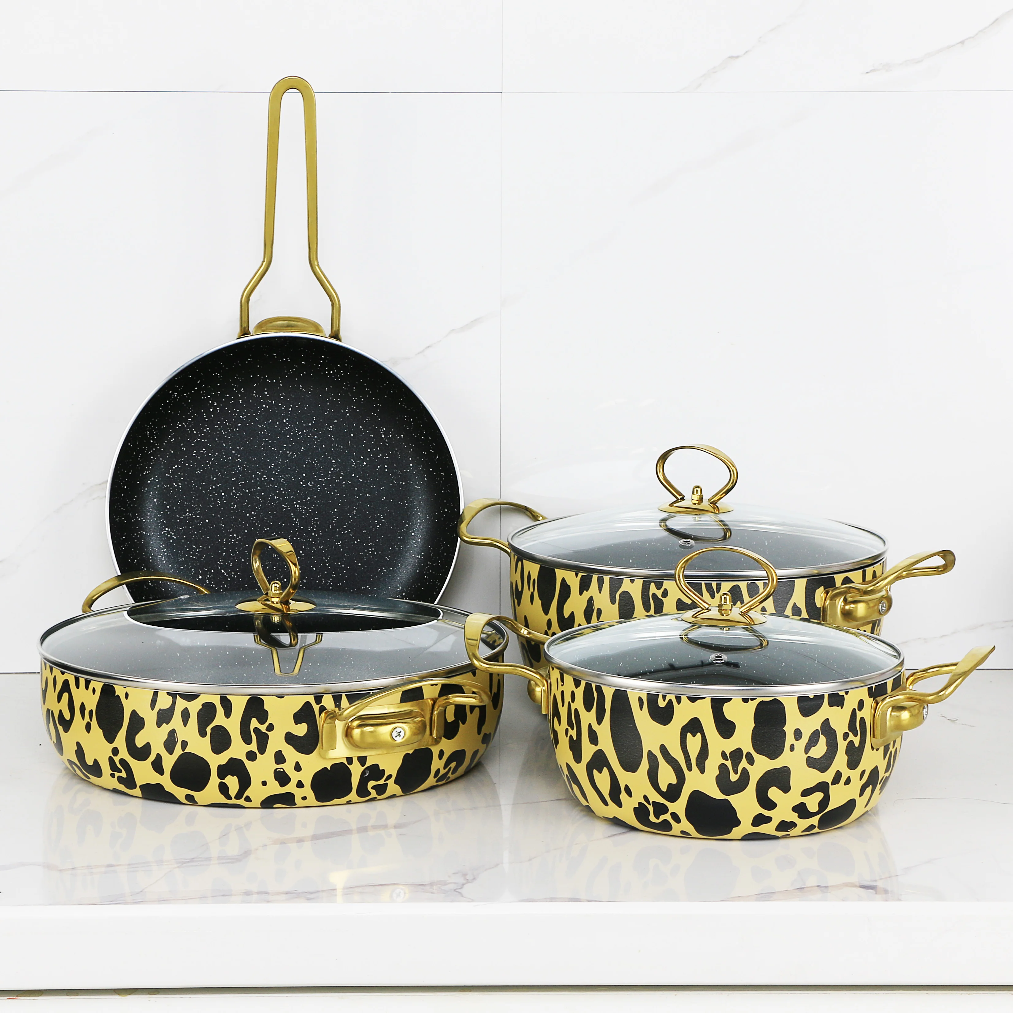 7 Pcs Aluminium Cheap Granite Nonstick Leopard Silk Printing Nordic Style Kitchen Ware Cookware Sets with Stainless Steel Handle