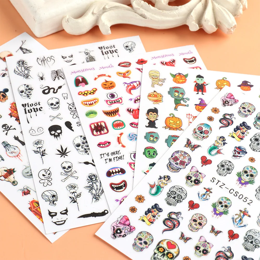 TSZS 2023 Halloween 3D Nail Stickers Skull Head Autumn Sticker Mixed Maple Leaf Pumpkin Snake Polish sticker