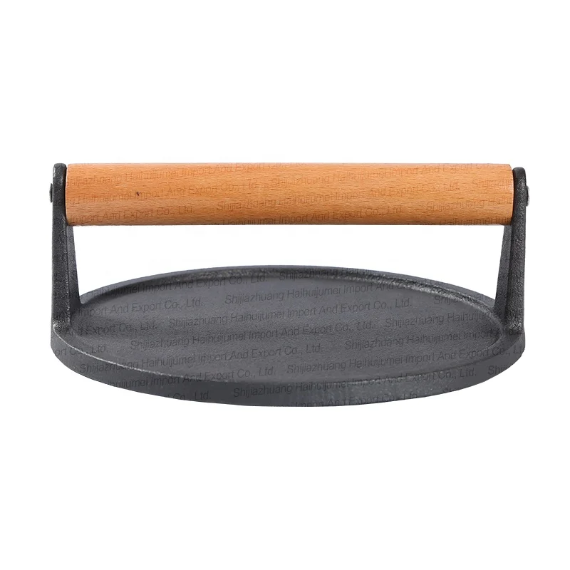 Manufacture Pre-Seasoned Cast Iron Hamburger Sandwich Smash Burger Bacon Meat Griddle Grill Press Wooden Handle