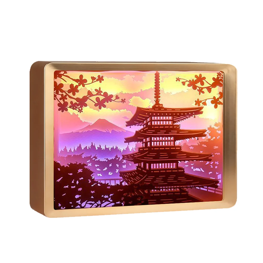 2025 Hot Sale Japanese Pagoda Landscape 3D Paper Carving Lamp  Box Holiday Gift Decorative Lamp