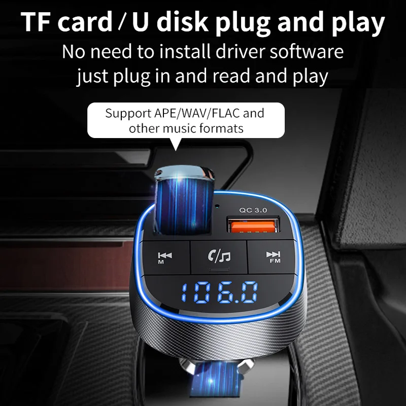 Voice Assistant QC3.0 Fast Charging 2 USB Handsfree Wireless Mp3 Player USB Charger FM Transmitter Car Charger