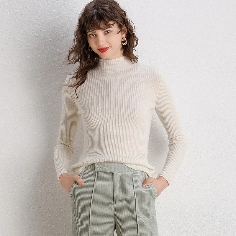 2022 Fashion Ladies Long Sleeve Slim Women Half Turtleneck 100% Pure Merino Wool Sweater