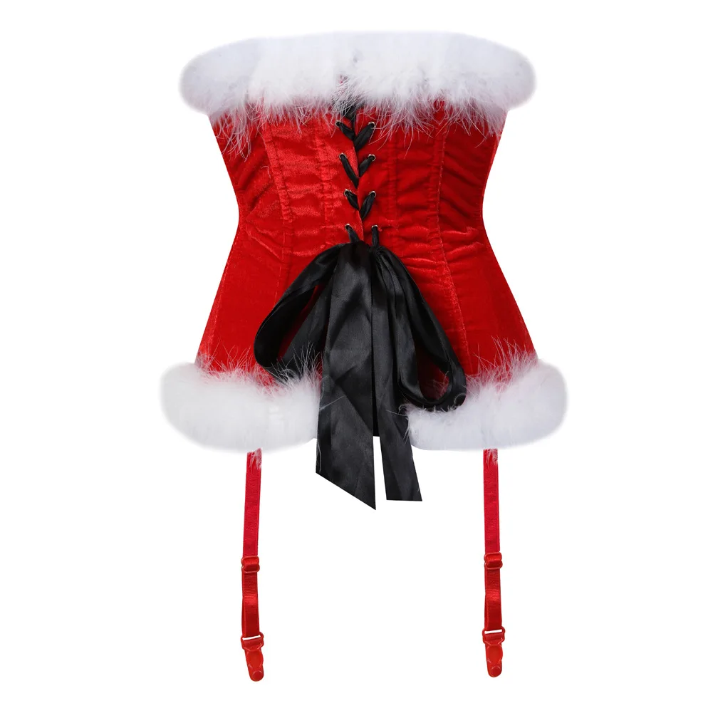 Factory Wholesale Sexy Club Party Court Tunic Feather Plush Christmas Red Clothes Ball Bow Corset Bra Women Lingerie Bustier