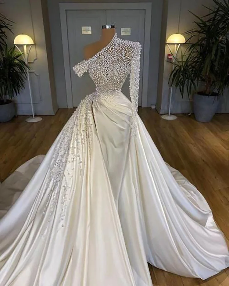 Gorgeous One Shoulder Sheath Wedding Dress Rhinestone Heavily Beaded Satin Bridal Dress