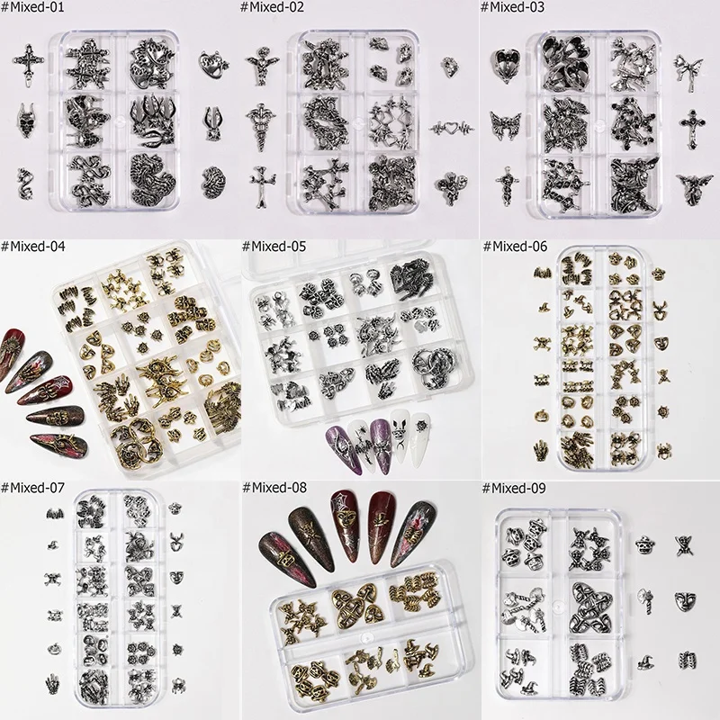 Halloween Spider Plated Red Rhinestone Metal Heart Bat Ghost Hand Claw Skull Alloy 3D Decoration Halloween Nail Art Charm