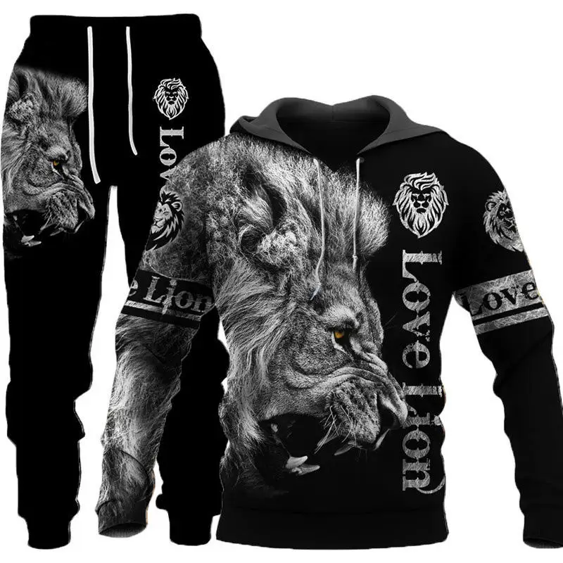 Hot selling 2024 European and American cross-border suit 3D digital printing animal lion men and women hoodie sweater and pants