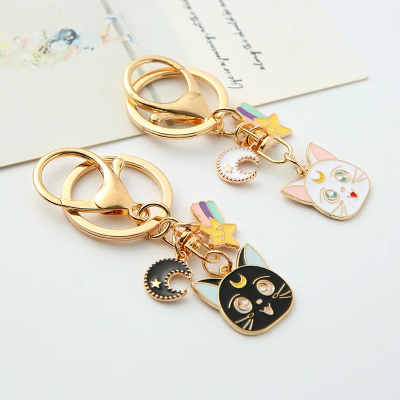 Alloy car keyring compact cat Moon Star kitten metal pendant creative personality bag parts charms keychain accessories