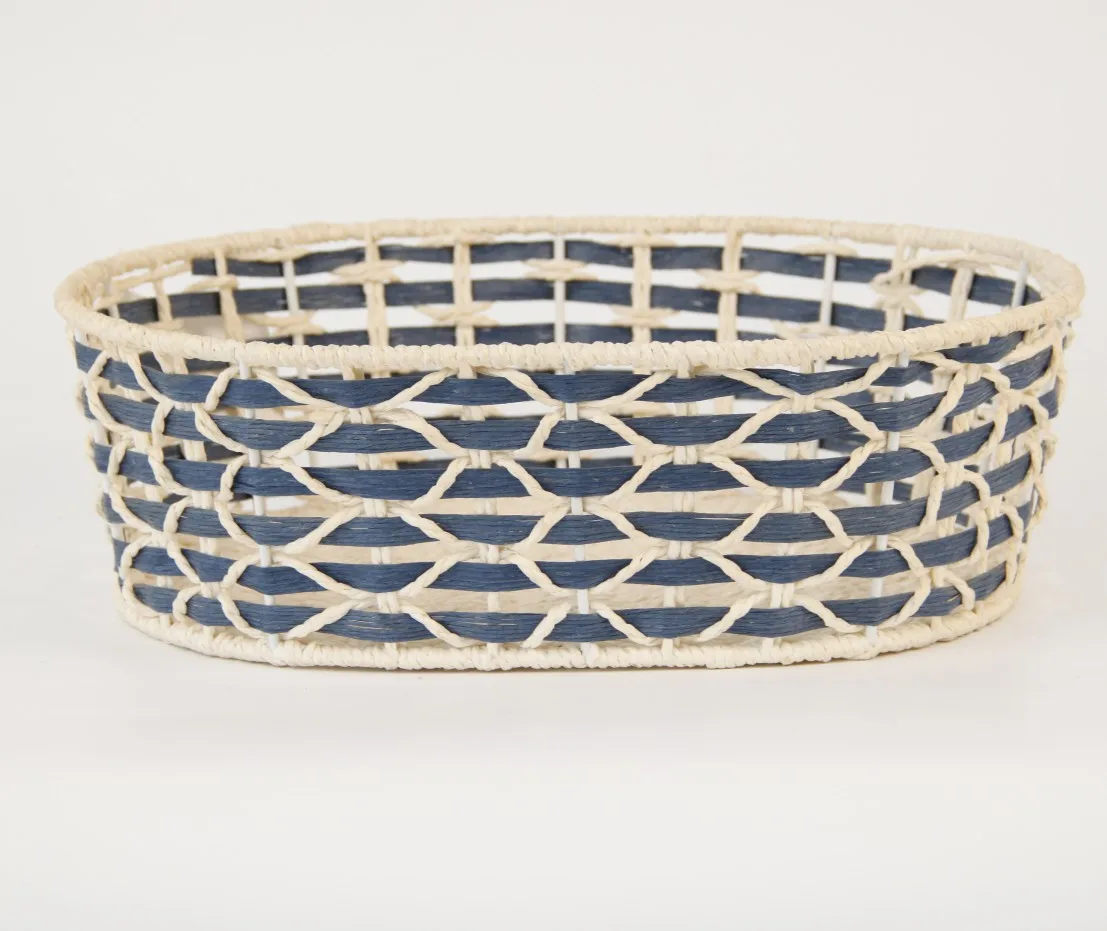 Customized Cream-colored Blue Paper Rope Iron Frame Oblong Storage Basket for Office