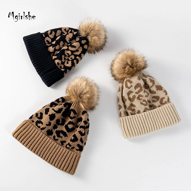 Mgirlshe 2022 Nice Quality Leopard Winter Hat For Women Men Outdoor warmth and thickening Wool Ball Knitted Hat