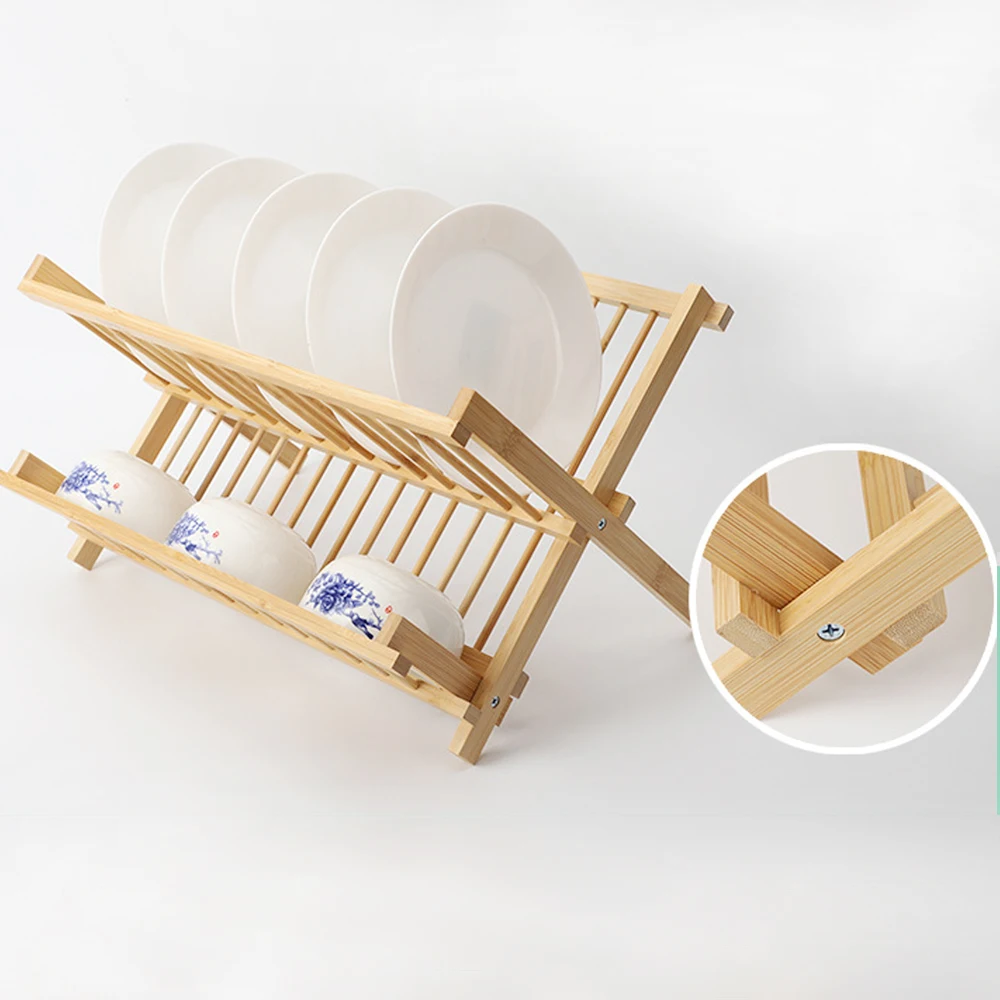 Dish Drainer Bamboo Dish Drying Rack with Utensil Holder.Collapsible2-Tier Folding Drying Holder for Kitchen
