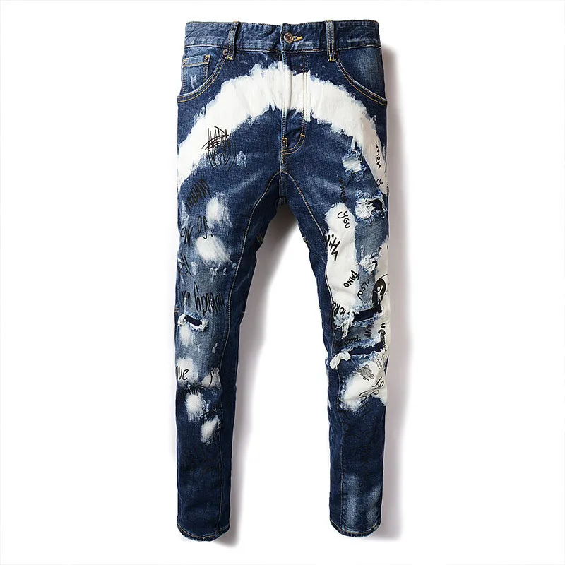 Мужские рваные джинсы с принтом