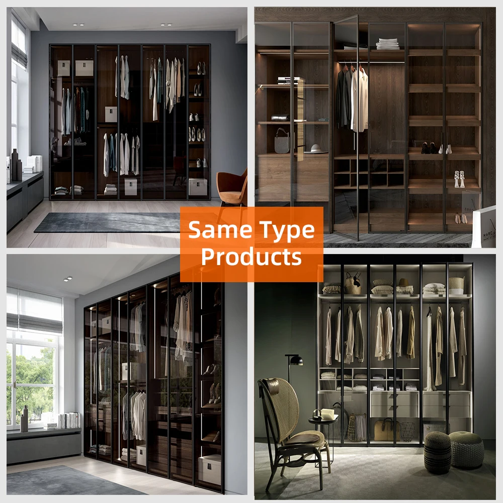 Hot sales customized black opened style pole system transparent simple designs bedroom glass door wardrobe