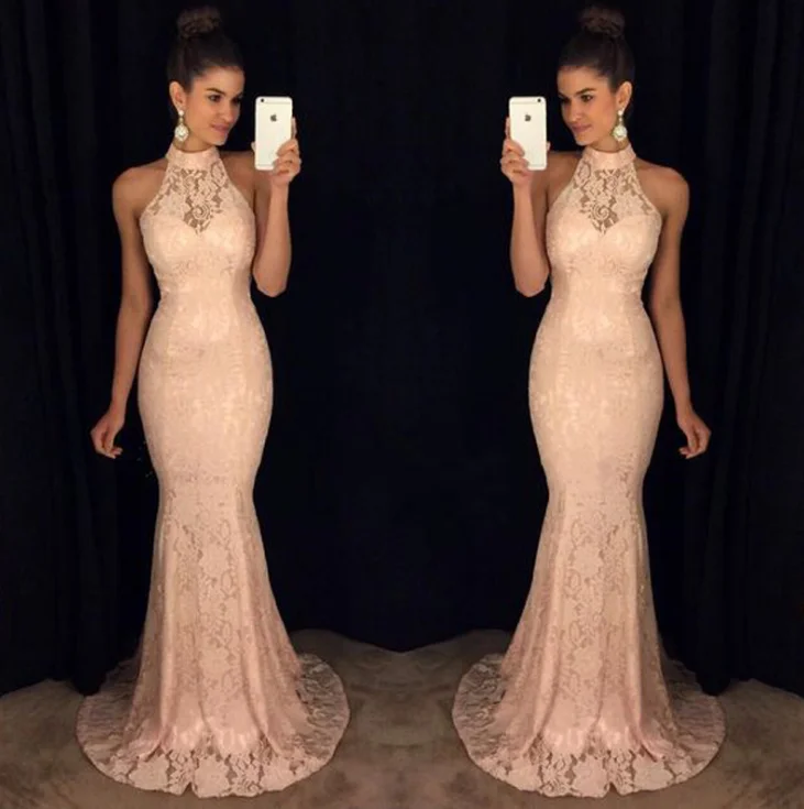 Sleeveless hanging neck mermaid dress female Amazon bridesmaid dress wedding lace evening dress