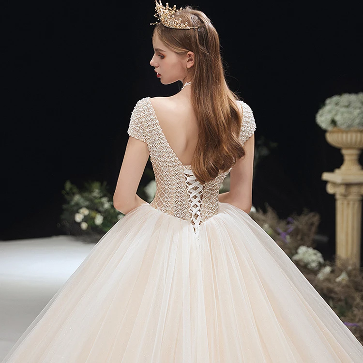 Luxury robe de mariage Simple Heavy Beaded Pearls Wedding Dress Half Sleeve Bridal Gowns