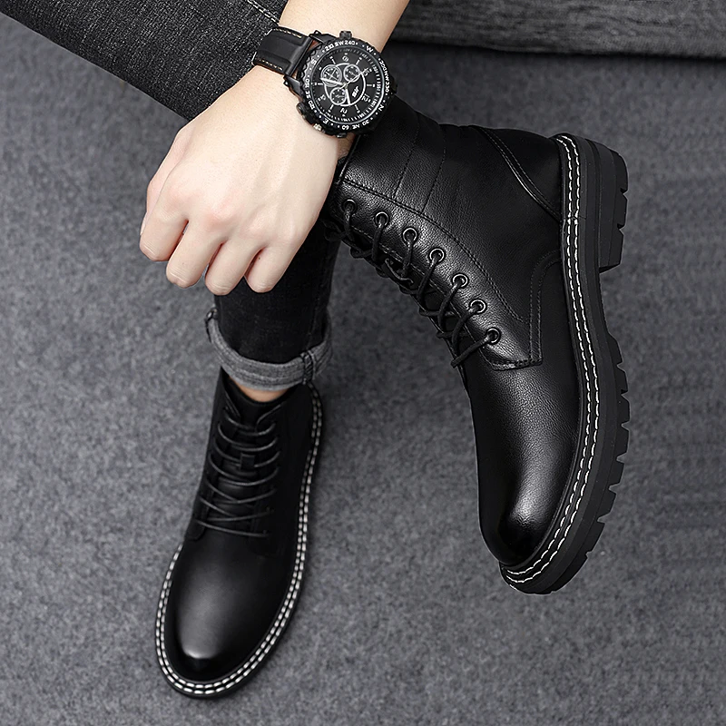 Оптовая продажа водонепроницаемого материала; Модные ботинки из кожи с натуральным лицевым покрытием женские ботильоны черные кожаные ботинки для мужчин