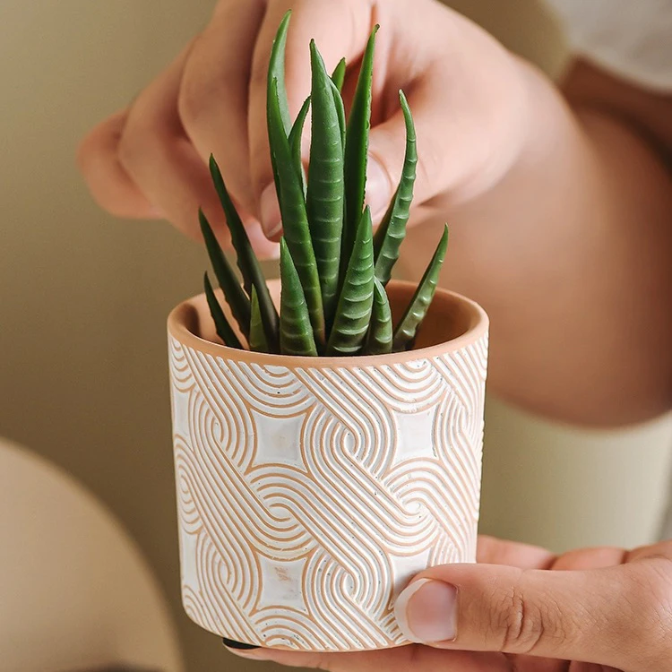 Creative cylinder home balcony decoration bonsai pots indoor decorative terracotta embossed flower pot