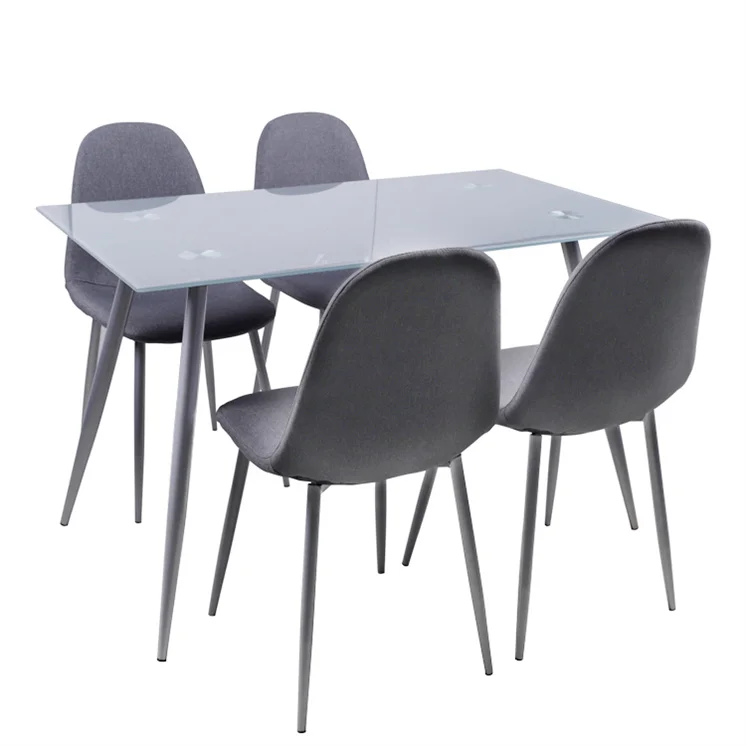 Glass Dinning Room Table Modern Wood Grain Metal  Leg Rectangular Square Clear Tempered Glass Top Dining Table
