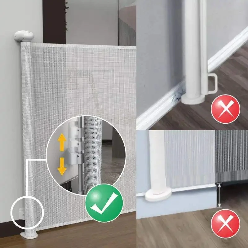 Retractable Dog Gate for Babies .Extra wide,easy to roll and latch. Suitable for doorways, indoor and outdoor.Safety guaranteed.