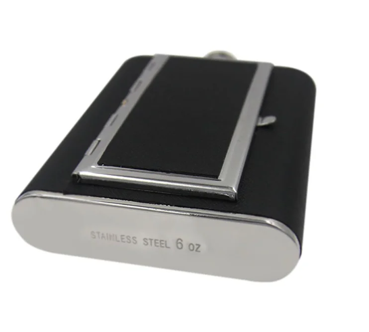 Creative Black PU Leather personalised 6oz 5oz stainless steel hip flask set whiskey liquor bottle with Funnel Cigarettes Case