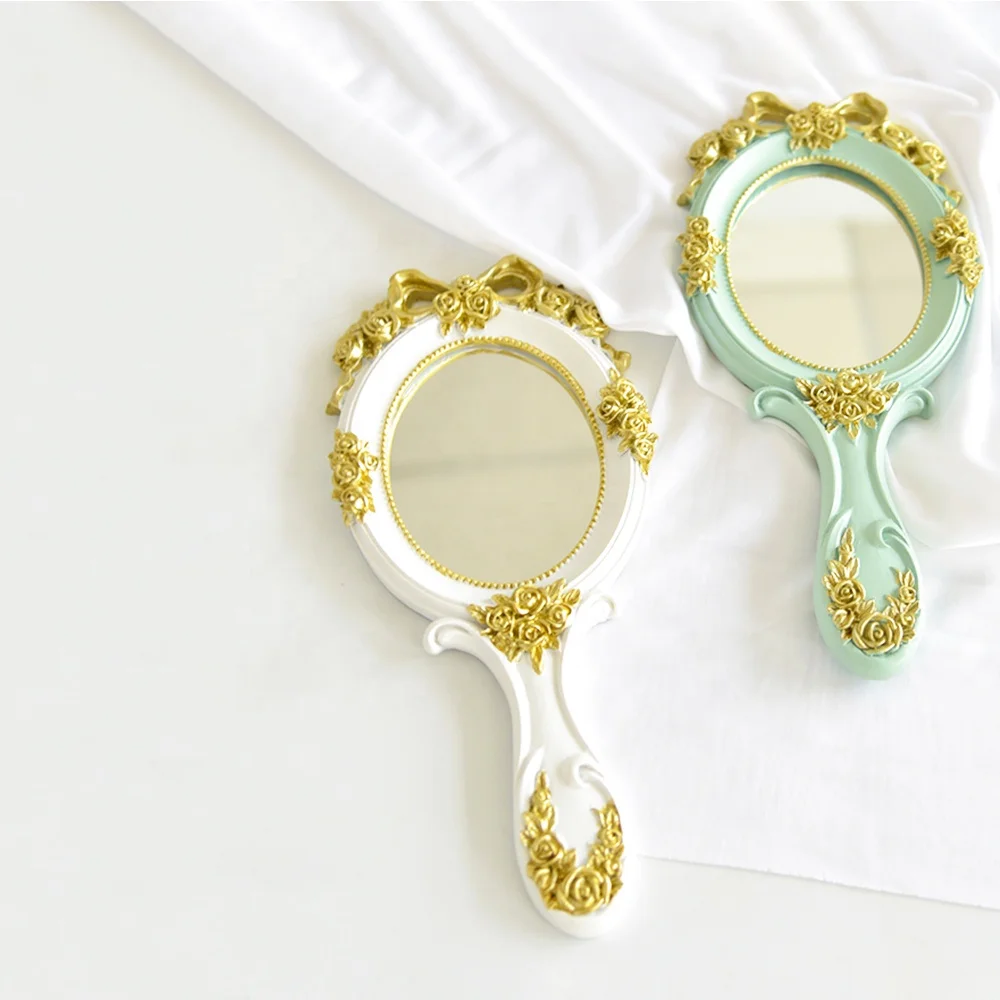 Resin Gold Drawing Rose Flower Vintage Oval Baroque Makeup Hand Held Mirror