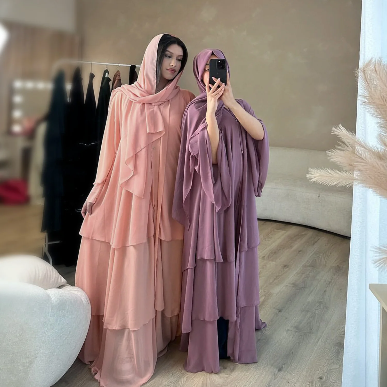 2024 Loriya 3 Layers Chiffon Solid Open Abaya Dubai Turkey Elegant Kimono Muslim Dresses for Women Islamic Clothing