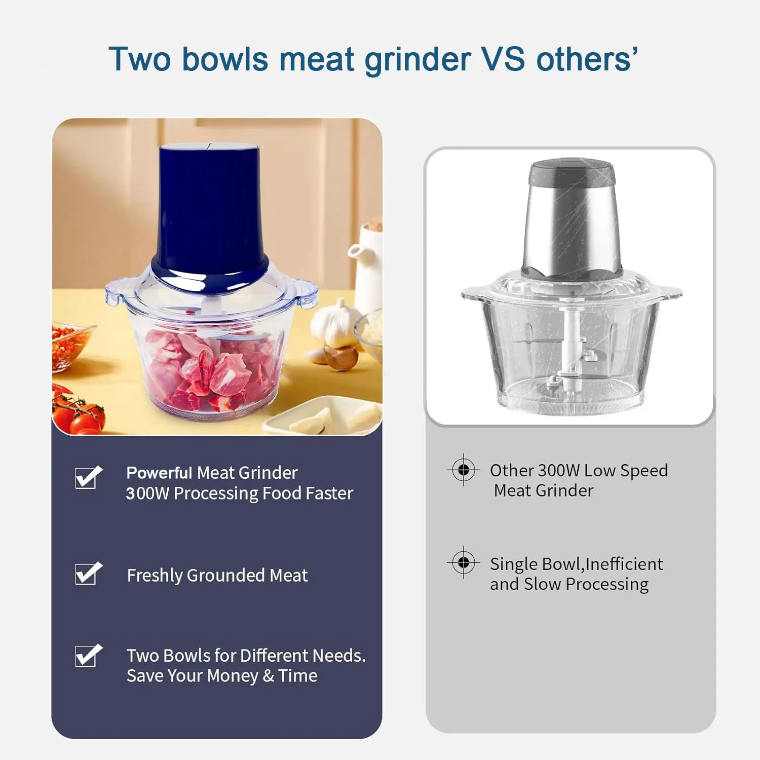 1.8L Mini Electric Stainless Steel Food Chopper 300W Meat Grinder for Home and Restaurant Use Copper Motor